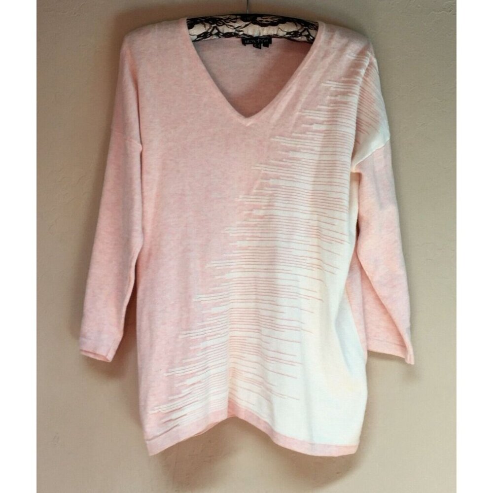 Marble Womens Medium V-Neck Knit Pullover Sweater 3/4 Sleeve Pink Ivory Casual